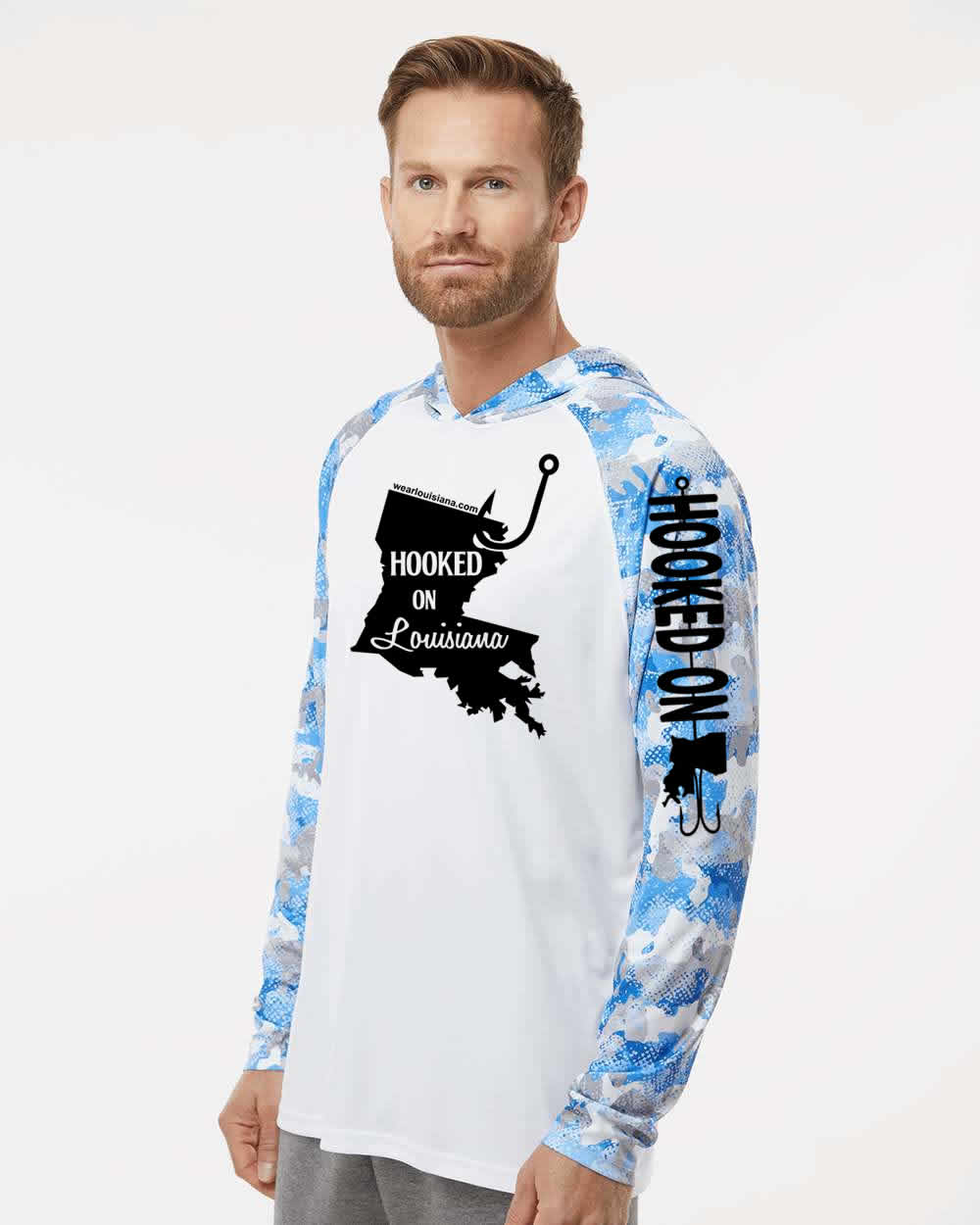 Hooked on Louisiana: Polyester White Blue Mist Hooded Long Sleeve