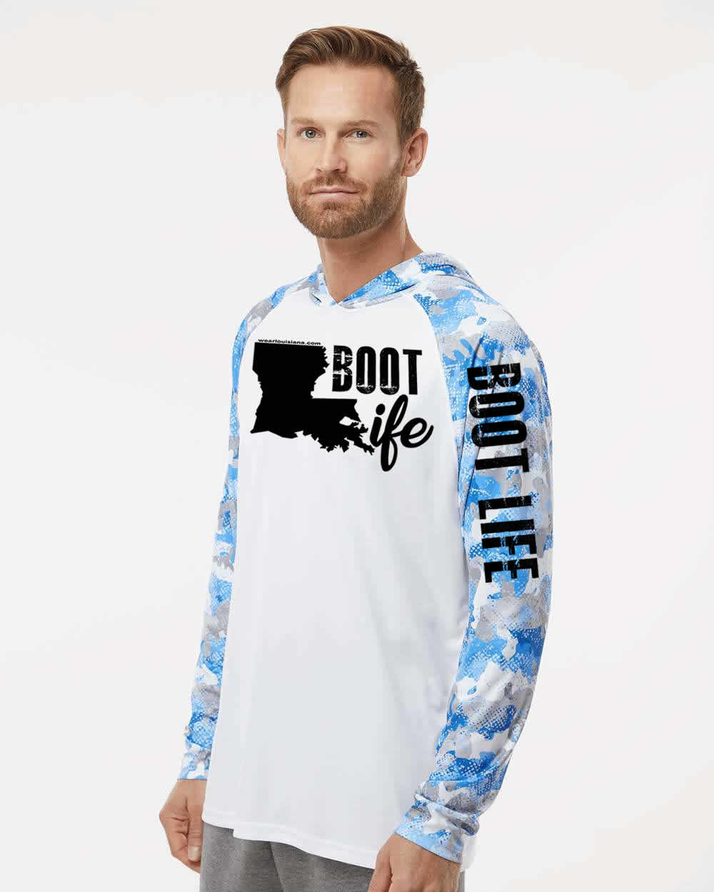 Boot Life: Polyester White Blue Mist Hooded Long Sleeve