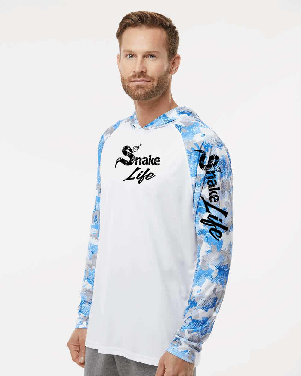 Snake Life: Polyester White Blue Mist Hooded Long Sleeve