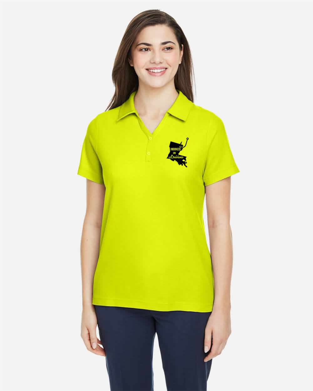 Hooked on Louisiana Women's: Safety Green and Black Polo