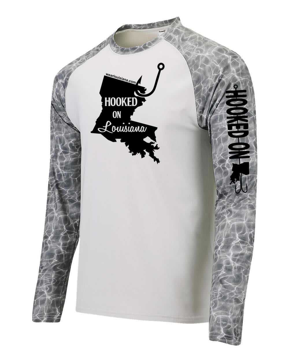 Grey-White Half Water Long Sleeve: Hooked on Louisiana