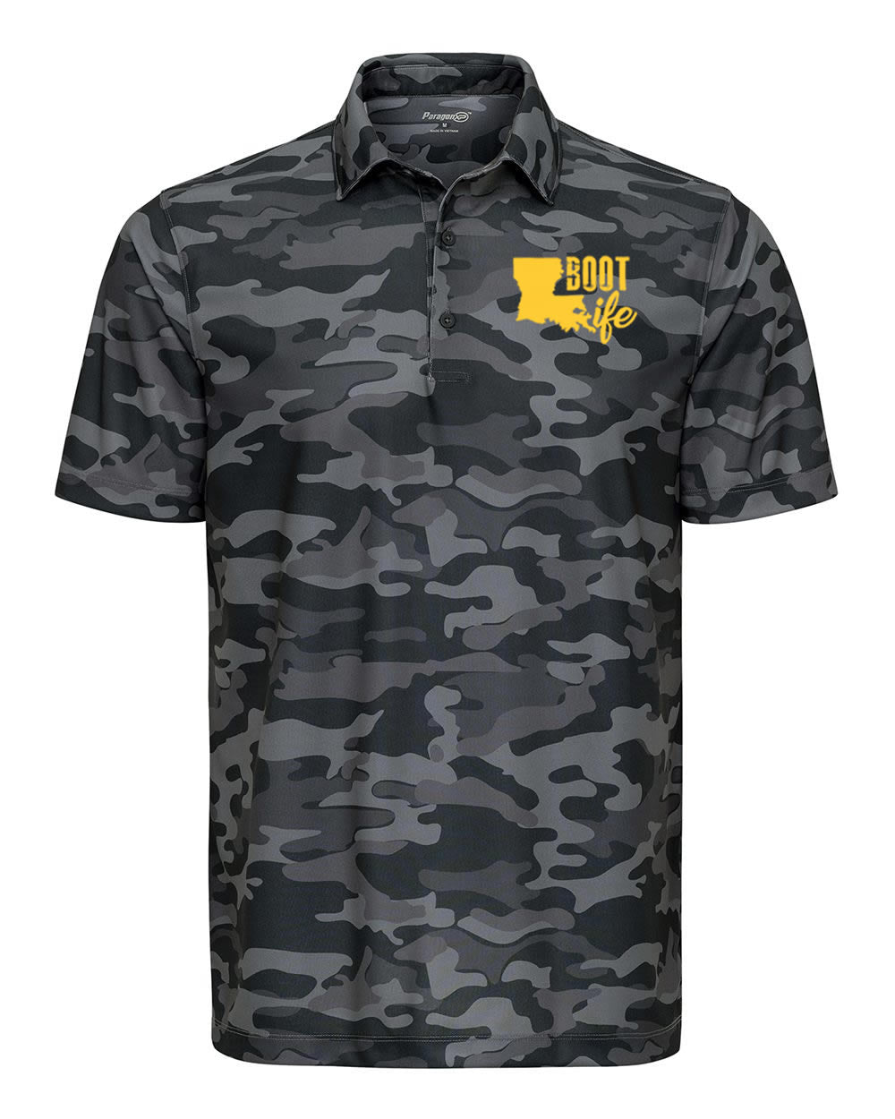 Boot Life: Black, Grey, and Gold Camo Polo