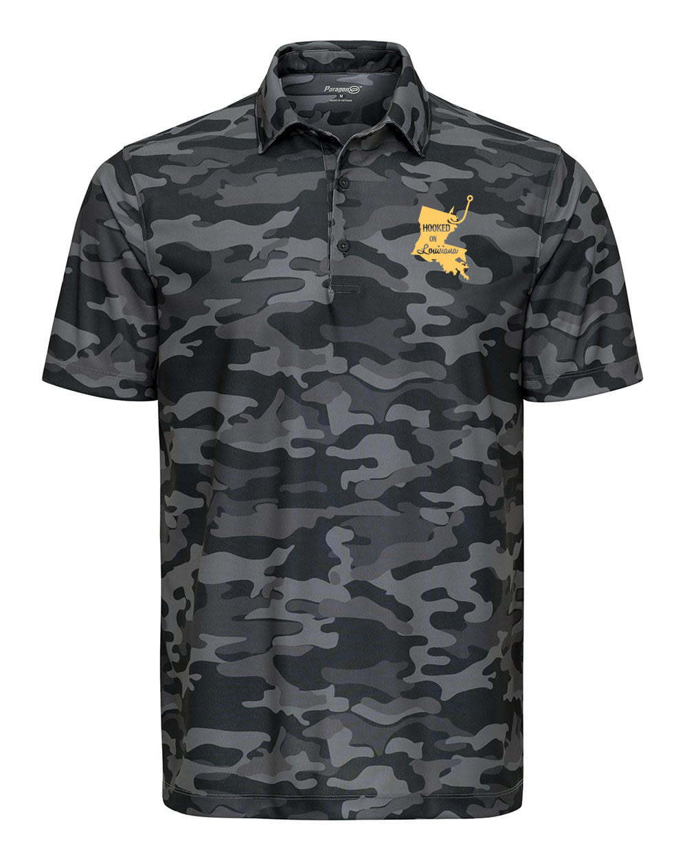 Hooked on Louisiana: Grey, Black, and Gold Camo Polo