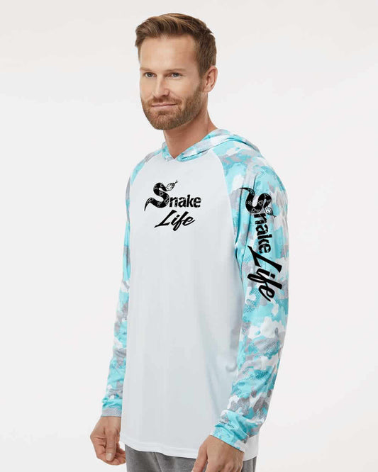 Snake Life: Polyester White Aqua Hooded Long Sleeve