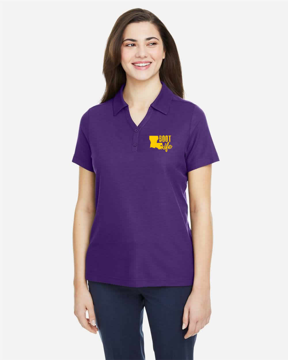 Boot Life Women's: Purple and Gold Polo