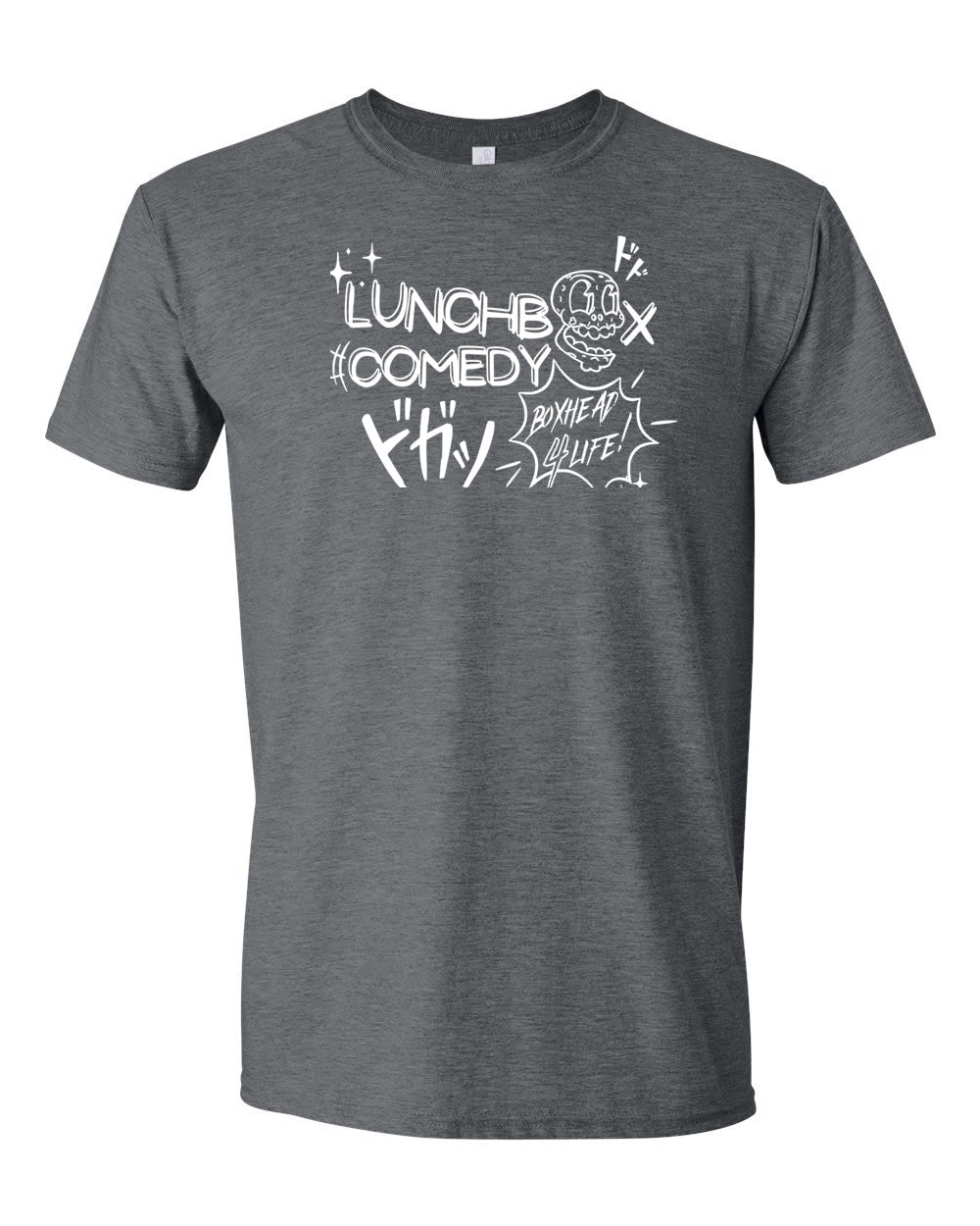 Lunchbox Comedy: Boxhead Logo Heather Dark Grey Shirt