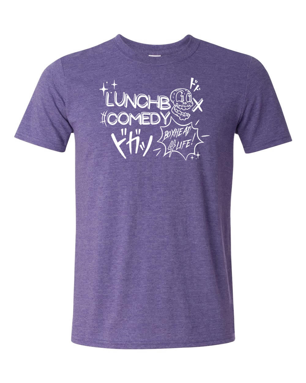 Lunchbox Comedy: Boxhead Logo Heather Purple Shirt