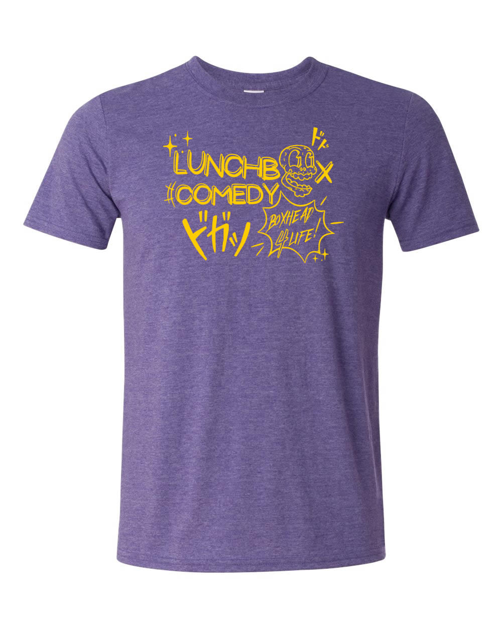 Lunchbox Comedy: Boxhead Logo Heather Purple Shirt