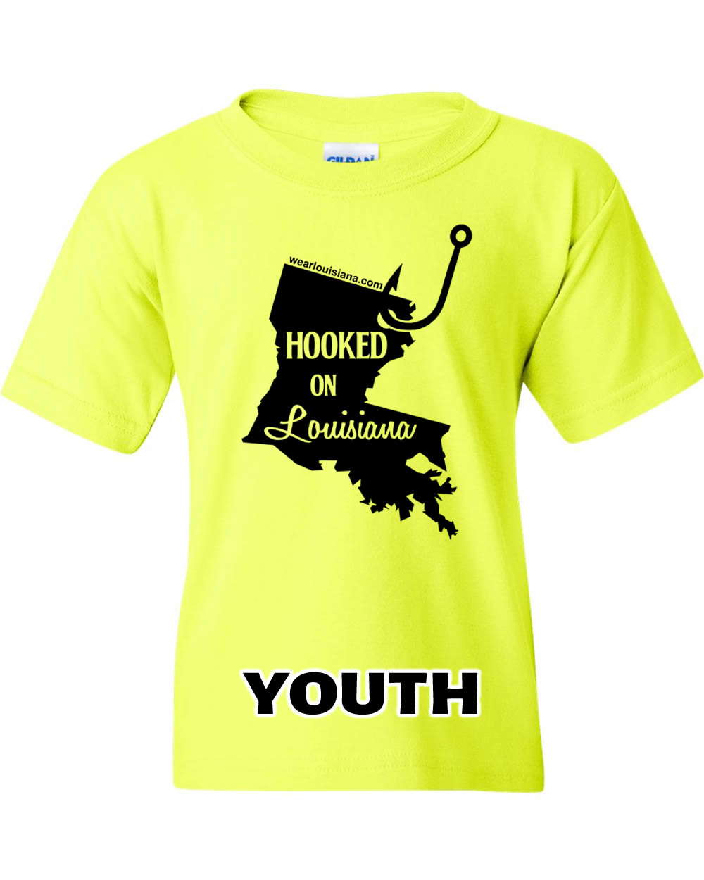 Youth Neon Yellow Hooked on Louisiana Tee
