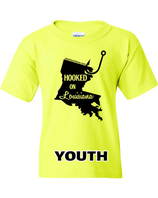 Youth Neon Yellow Hooked on Louisiana Tee