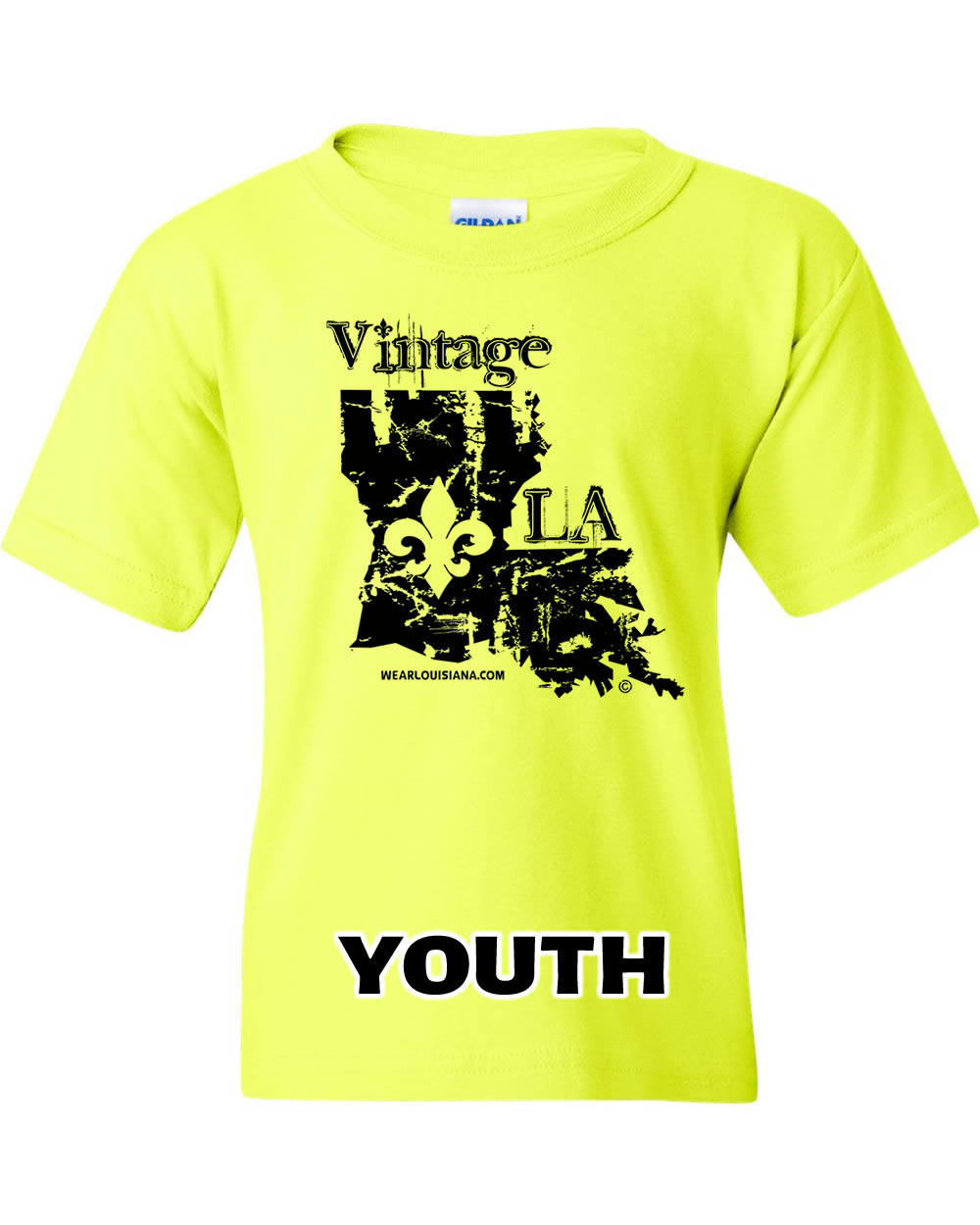 Youth Neon Yellow Vintage Louisiana Tee